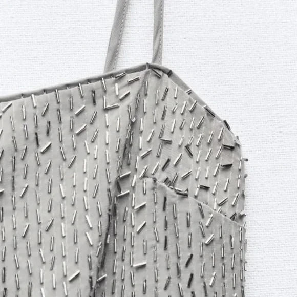 ZARA Gray Silver Beaded Spaghetti Strap Mini Dress S NWT - Picture 5 of 13